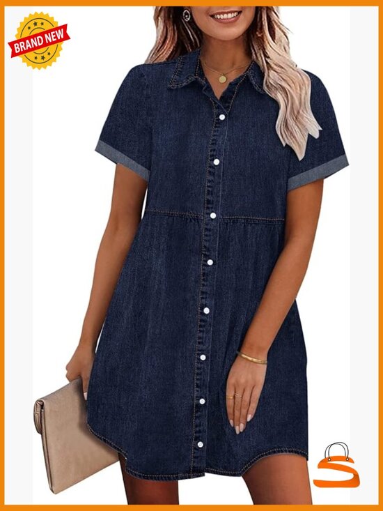 Other - Babydoll Denim Dress Tiered Short Sleeve Button Down Casual Swing Dress